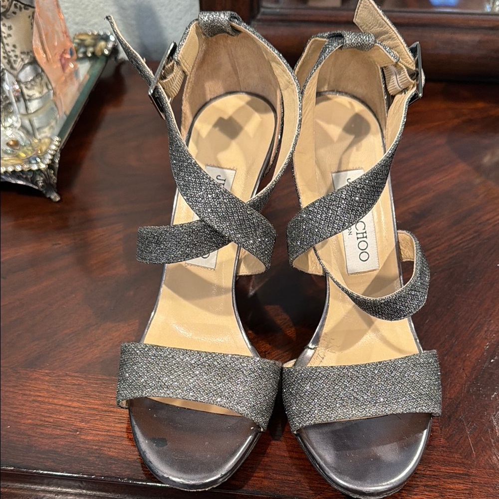 Jimmy Choo Gunmetal Glitter Crisscross Sandals